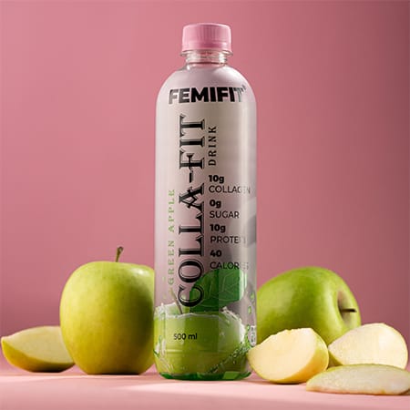 A bottle of cola-fit collagen drink in Green apple flavour